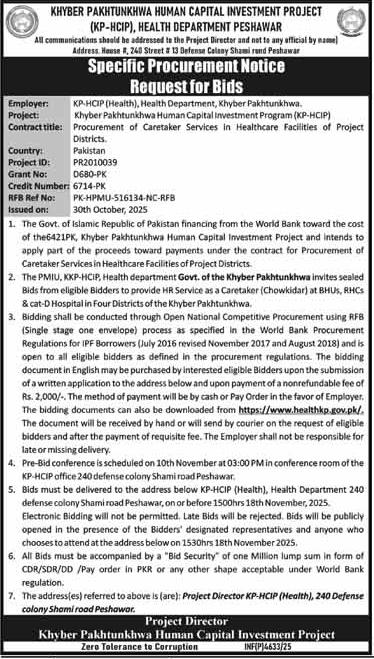 Health Department Peshawar Tender Notice 1